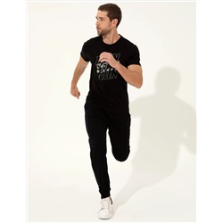 Siyah Slim Fit Baskılı Bisiklet Yaka Tişört