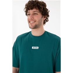 Erkek Oversize Fit Bisiklet Yaka Koyu Yeşil Tişört