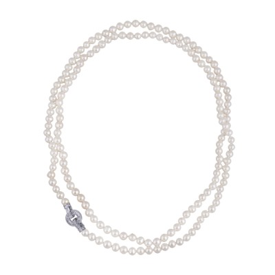 Колье (жемчуг белый 7-8мм, фианит; покрытие родий) 120см, Есть комплект