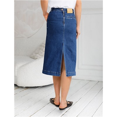 Джинсовая юбка прямая с разрезом и декоративной стиркой  из эластичного денима
