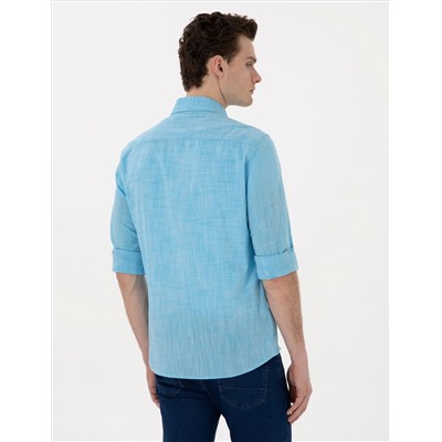 Aqua Keten Görünümlü Slim Fit Uzun Kollu Gömlek