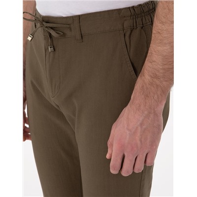 Haki Slim Fit Keten Görünümlü Kanvas Pantolon