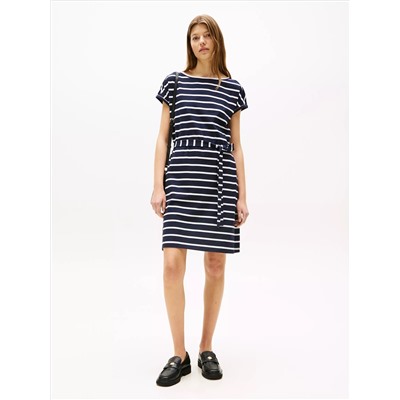 Belted Stripe Stretch T-Shirt Dress