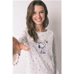 Pijama largo algodón Snoopy flores blanco