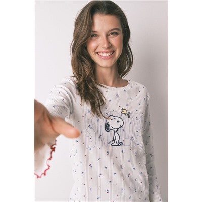 Pijama largo algodón Snoopy flores blanco