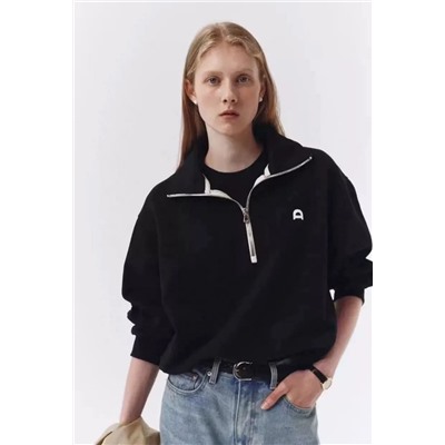 Женский хлопковый свитшот с полумолнией и отворотом