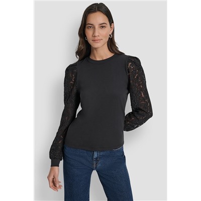 LACE PUFF LONG SLEEVE CREW NECK TEE