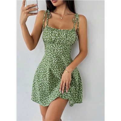 Breezaya Women's Ditsy Floral Ruched Bust Tie-Front Crop Cami Mini Dress