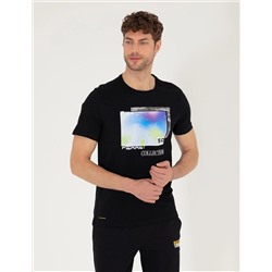 Siyah Slim Fit Baskılı Bisiklet Yaka Tişört