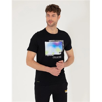 Siyah Slim Fit Baskılı Bisiklet Yaka Tişört