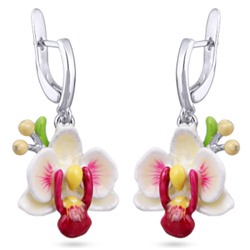 Серьги Орхидея (эмаль белая, розовая; покрытие родий), Есть комплект