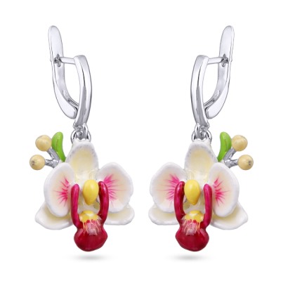 Серьги Орхидея (эмаль белая, розовая; покрытие родий), Есть комплект