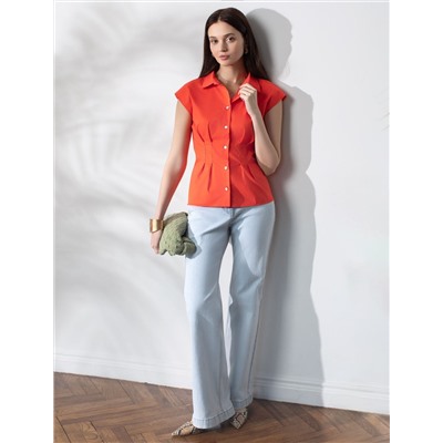 Блузка приталенного кроя с коротким рукавом из легкого хлопкового поплина с эластаном