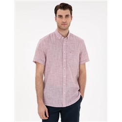 Bordo Keten Görünümlü Regular Fit Kısa Kollu Gömlek