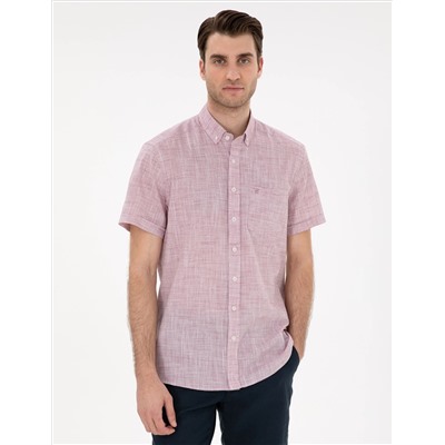 Bordo Keten Görünümlü Regular Fit Kısa Kollu Gömlek