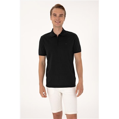 Erkek Regular Fit Siyah Polo Yaka Fermuarlı Tişört