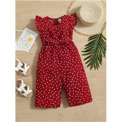 SHEIN Baby Polka Dot Ruffle Sleeve Belted Jumpsuit