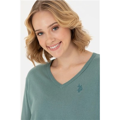 Kadın Mint V - Yaka Basic Kazak