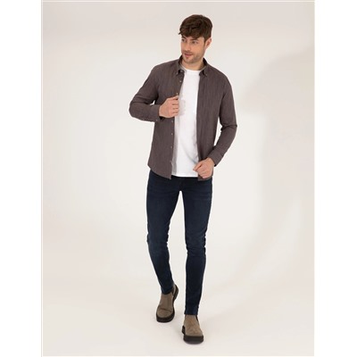 Kahverengi Slim Fit Uzun Kollu Gömlek