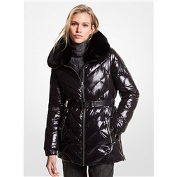 MICHAEL MICHAEL KORS Faux Fur Trim Chevron Quilted Nylon Belted Puffer Coat