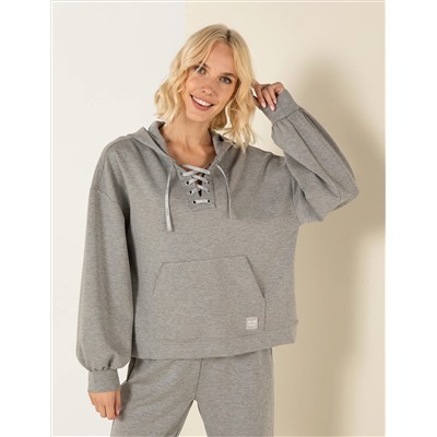 Gri Melanj Oversize Kapüşonlu Sweatshirt