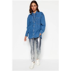 TRENDYOL MODEST Mavi Yakası Bağlama Detaylı Denim Kot Ceket TCTAW24CK00000