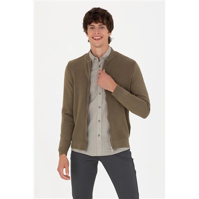 Erkek Haki Melanj Basic Triko Hırka