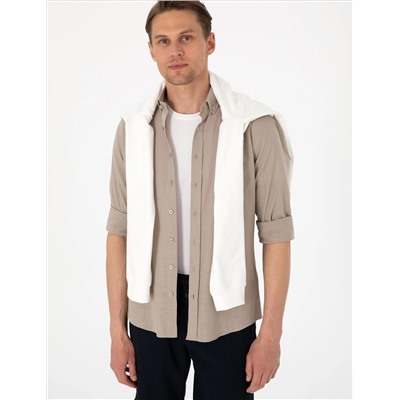 Vizon Keten Görünümlü Slim Fit Uzun Kollu Gömlek