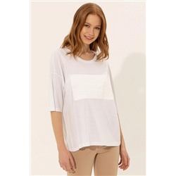 Kadın Beyaz Bisiklet Yaka Oversize Tişört