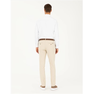 Bej Slim Fit Kanvas Çizgili Pantolon