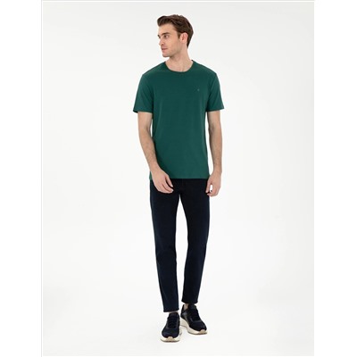 Koyu Yeşil %100 Pamuk Slim Fit Bisiklet Yaka Basic Tişört