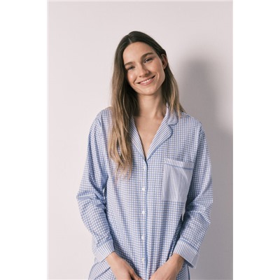 Pijama camisero largo cuadros Vichy azul algodón