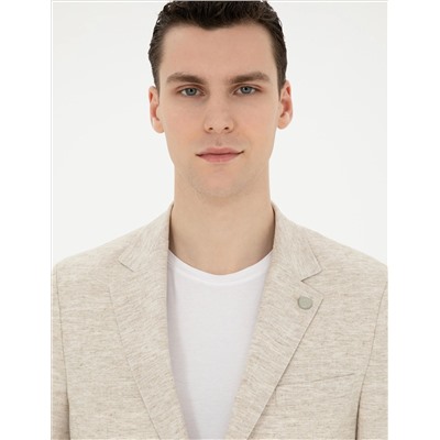 Bej Slim Fit Keten Karışımlı Çizgili Takım Elbise