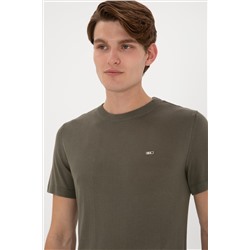 Erkek Slim Fit Bisiklet Yaka Koyu Haki Tişört