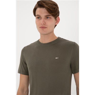 Erkek Slim Fit Bisiklet Yaka Koyu Haki Tişört