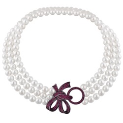 Колье (Майорка белая 8мм, фианит фуксия; покрытие черный родий) 42см, Есть комплект