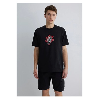 Mavi Baskılı Siyah Tişört Loose Fit / Bol Rahat Kesim 0612809-900
