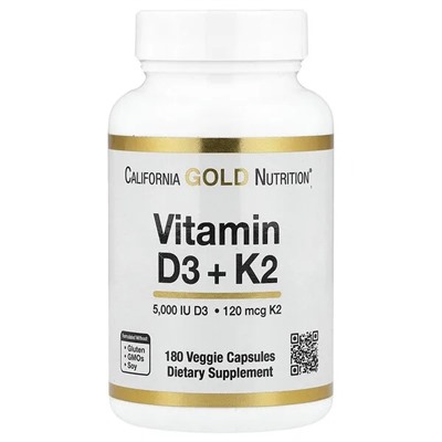 California Gold Nutrition, Vitamin D3 + K2 as MK-7, 180 Veggie Capsules