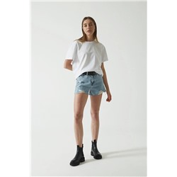 CROSS JEANS Kadın Mavi Yüksek Bel Paçası Kesikli Yıprtamalı Jean Şort C 4534-009