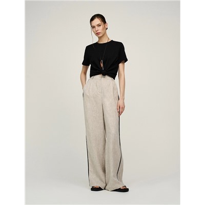 Бежевые брюки изо льна с кантами