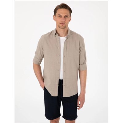 Vizon Keten Görünümlü Slim Fit Uzun Kollu Gömlek