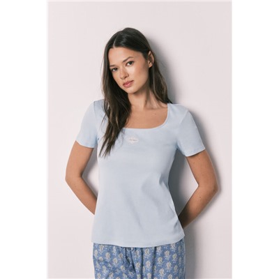 Pijama largo algodón manga corta azul