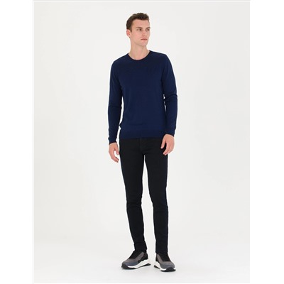 Açık Lacivert Slim Fit Bisiklet Yaka Basic Triko Kazak