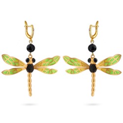 Серьги Стрекоза (эмаль зеленая, желтая, агат; покрытие матовое золото), Есть комплект