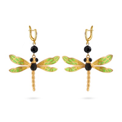 Серьги Стрекоза (эмаль зеленая, желтая, агат; покрытие матовое золото), Есть комплект