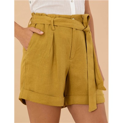 Yeşil Keten Oversize Bermuda Şort