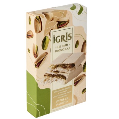Шоколад белый IGRIS с начинкой из фисташковой пасты и пишмание, 150г