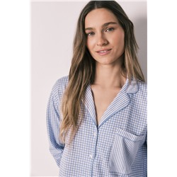 Pijama camisero largo cuadros Vichy azul algodón
