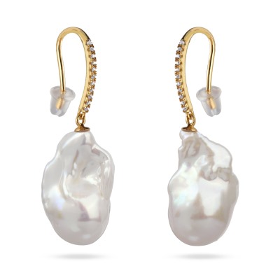 Серьги Барокко (жемчуг белый 27мм, фианит; покрытие золото), Есть комплект