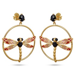 Серьги Стрекоза (эмаль красная, розовая, агат; покрытие матовое золото), Есть комплект